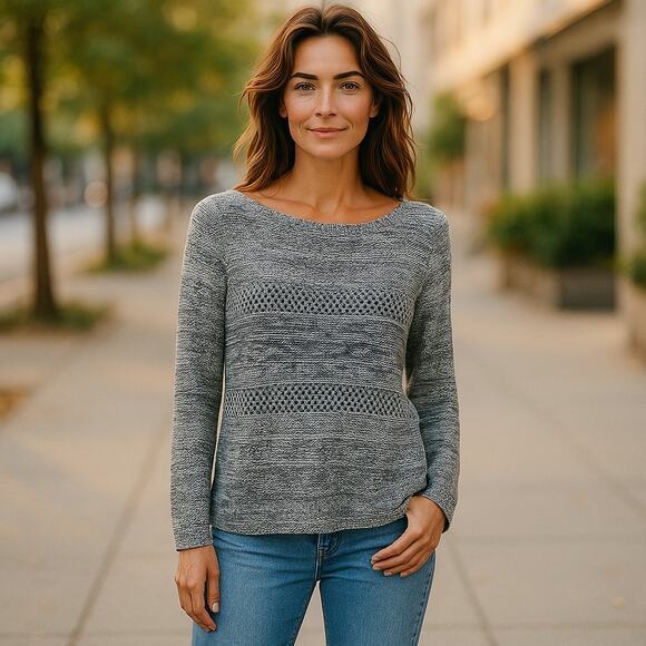 lou & grey Womens Sweater Sz Medium Black White Pullover Open Weave Reverse Knit - Picture 1 of 7